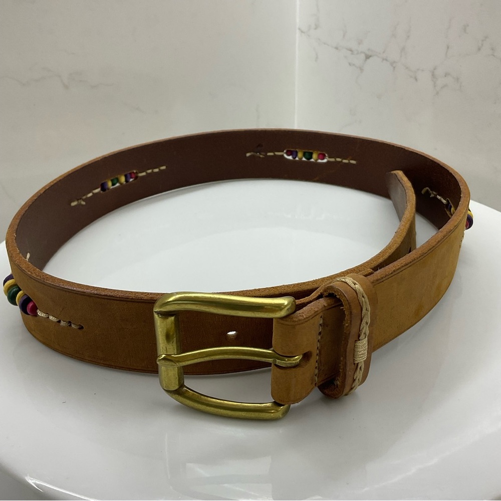 Gap leather belt embroidered beaded boho solid brass buckle sz 28